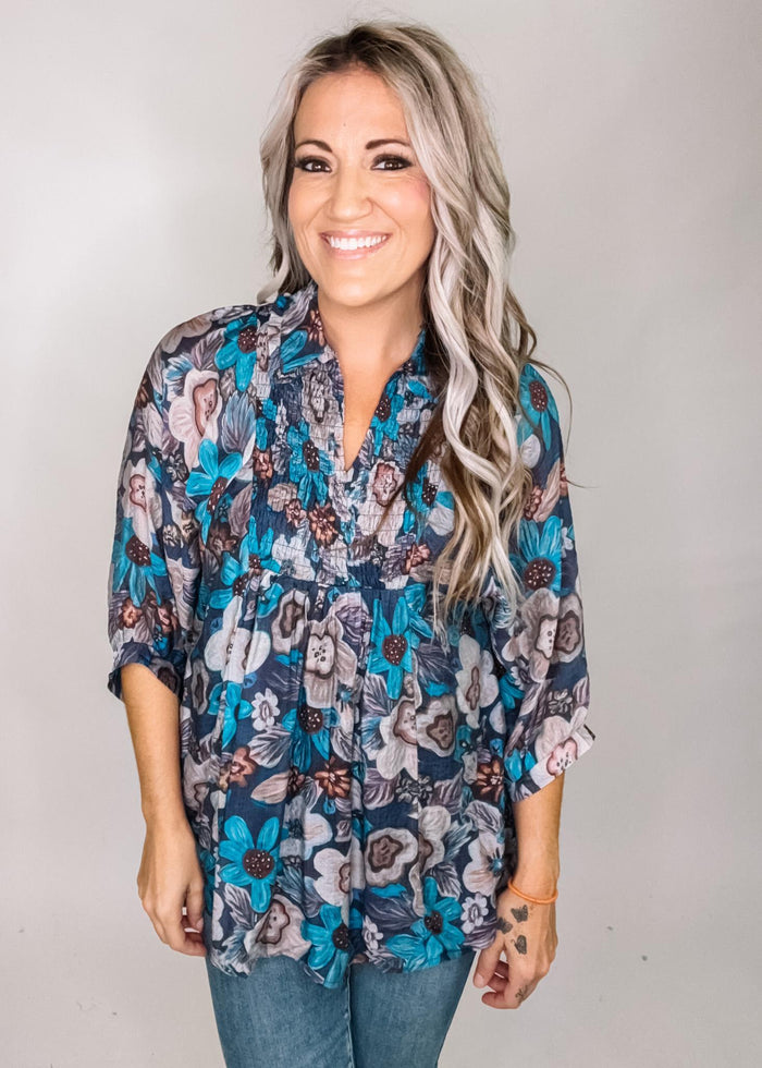 Indigo Floral Babydoll Top