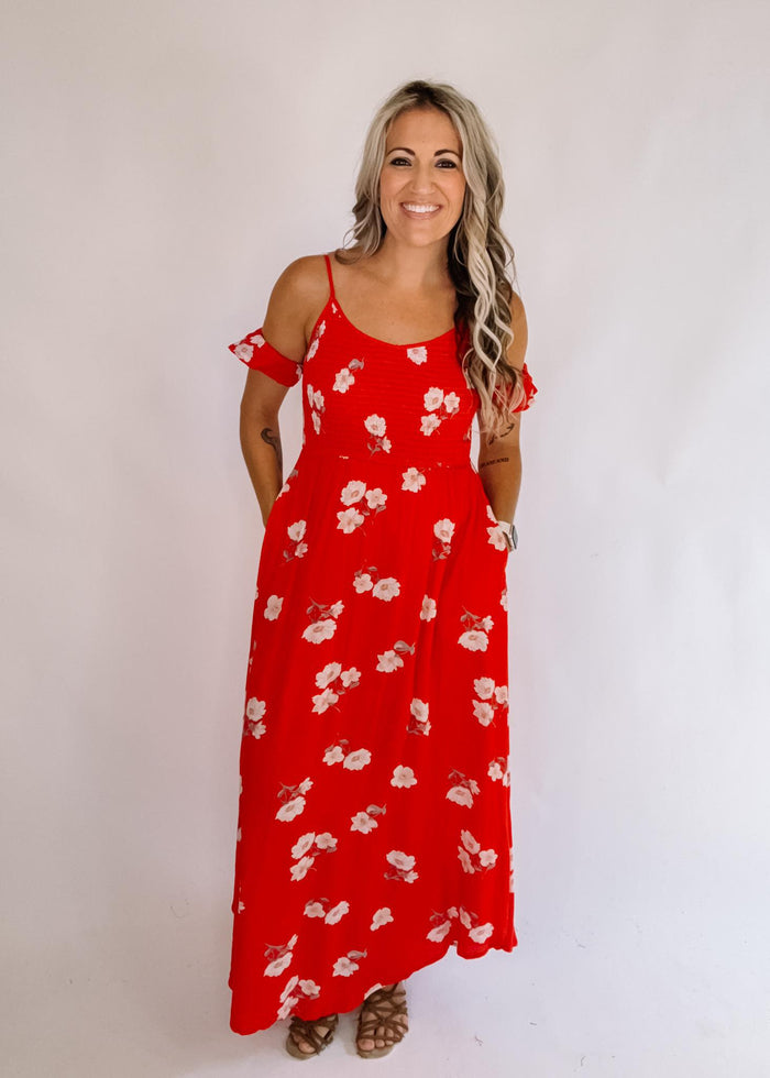Red Floral Smocked Dress with Arm Straps
