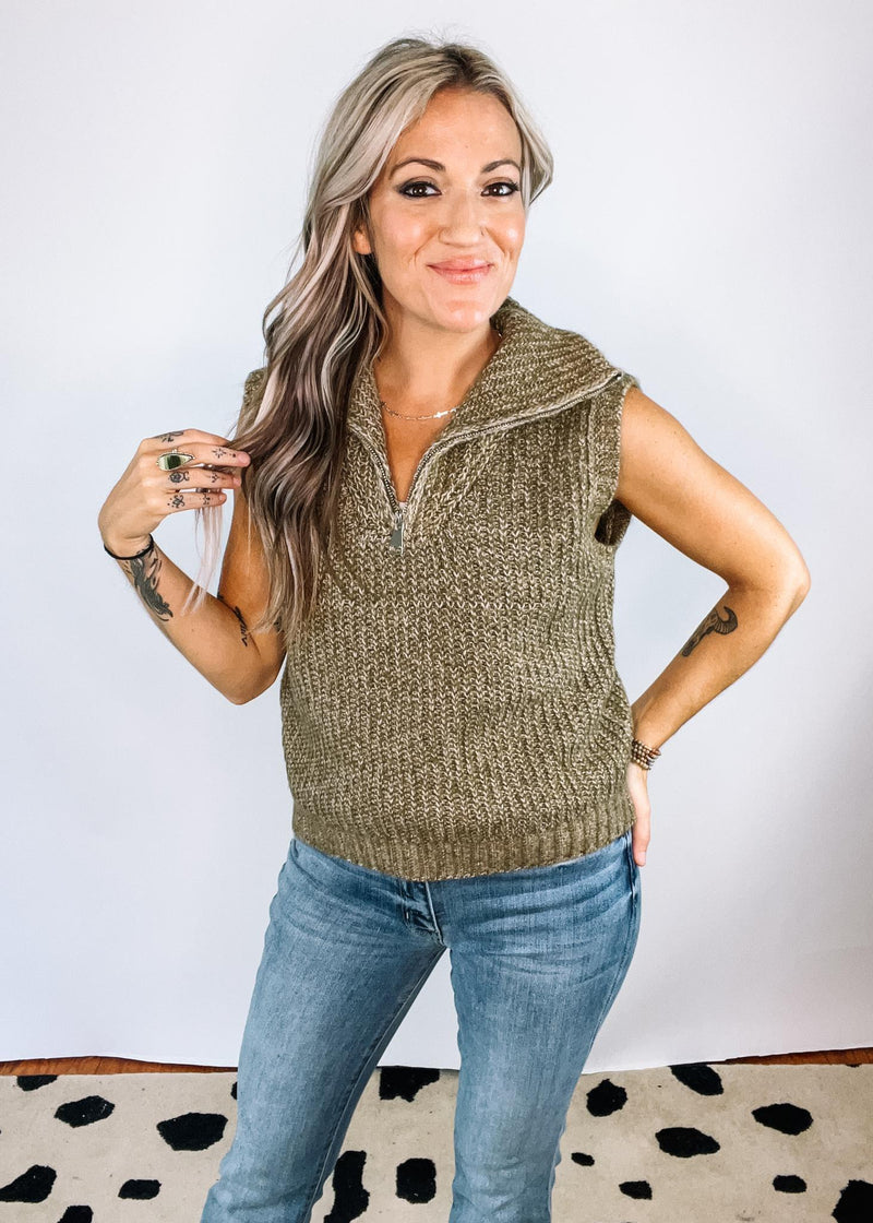 Olive Knit Quarter Zip Sweater