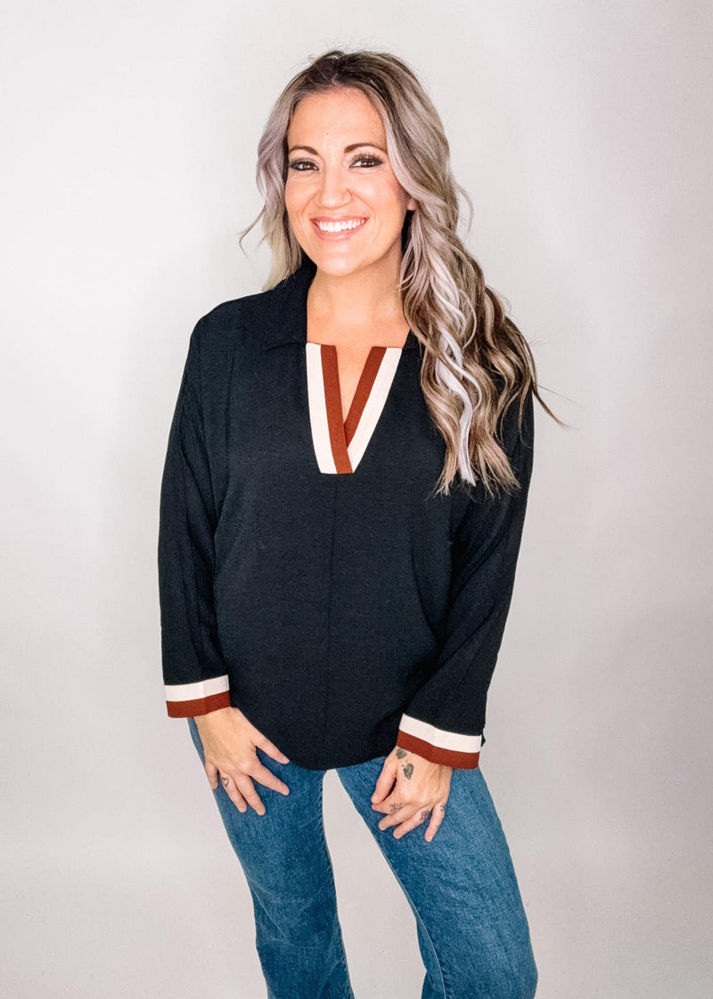 Black Stripe Trim Blouse
