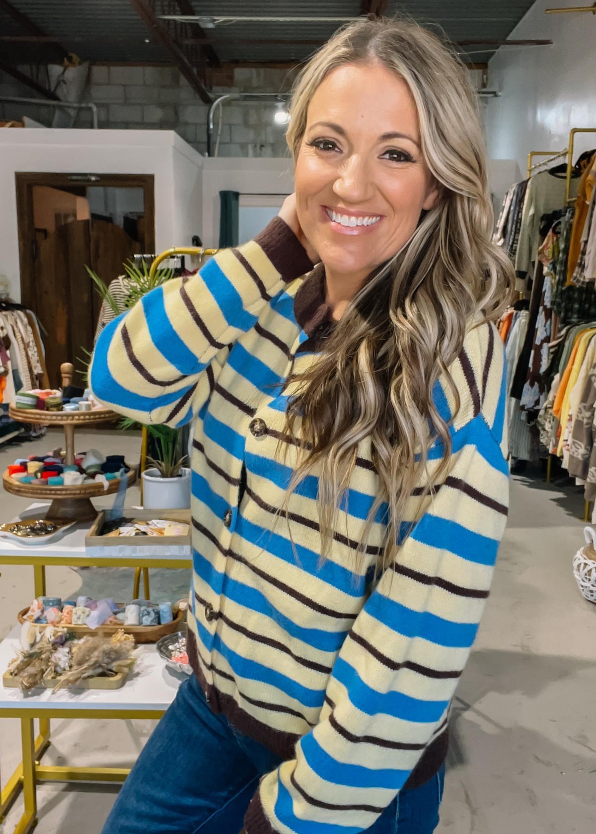 Lemon Brown Blue Stripe Cardigan
