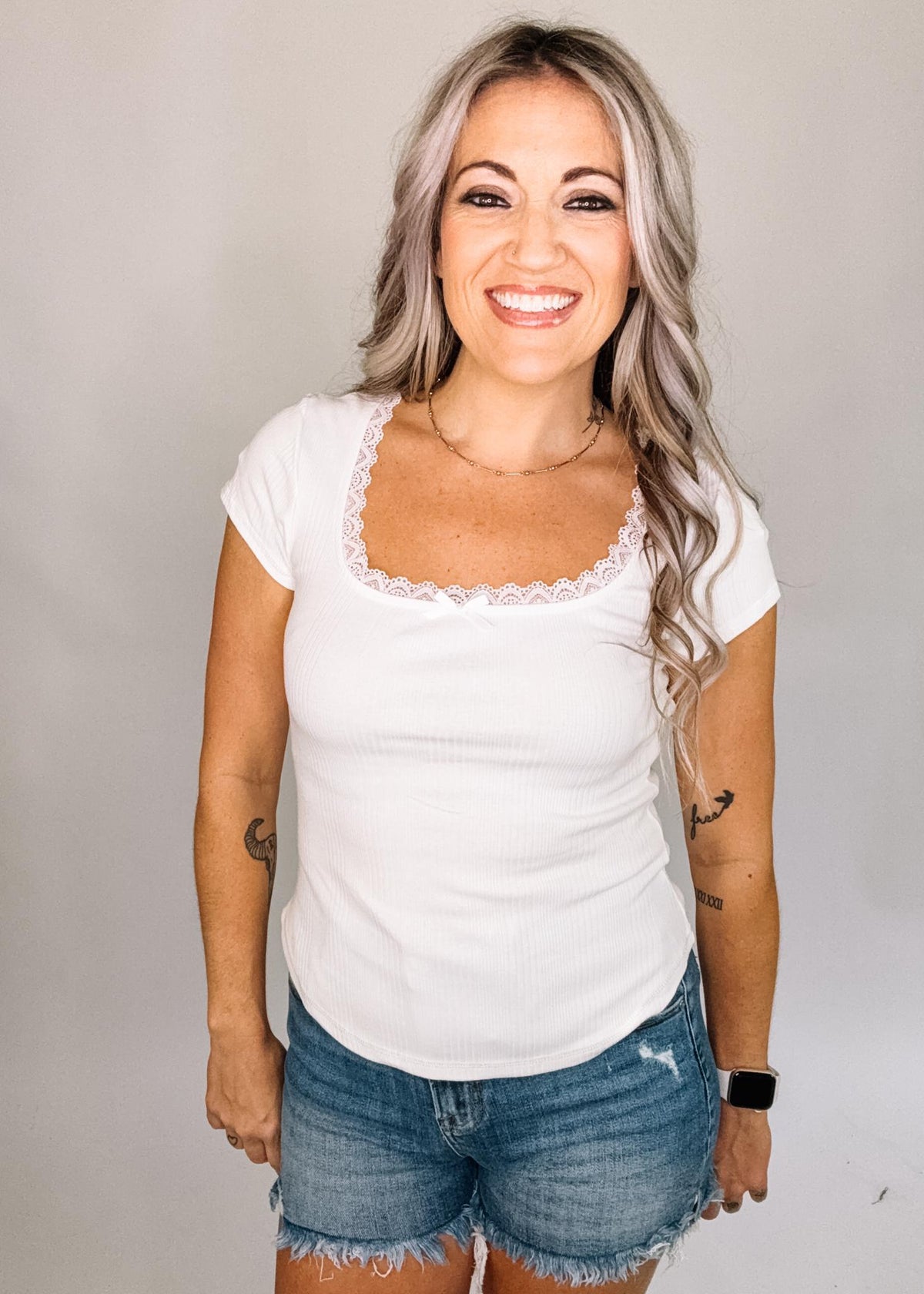 Ribbed Knit Top with Lace & Bow Trim