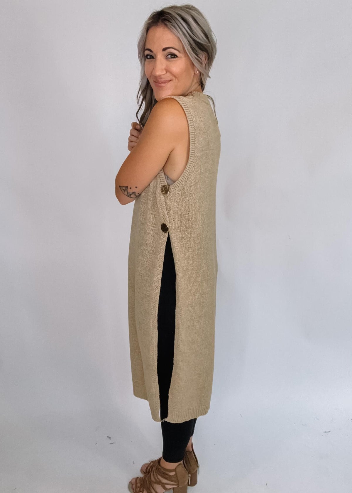 Side Button Sleeveless Open Longline Sweater