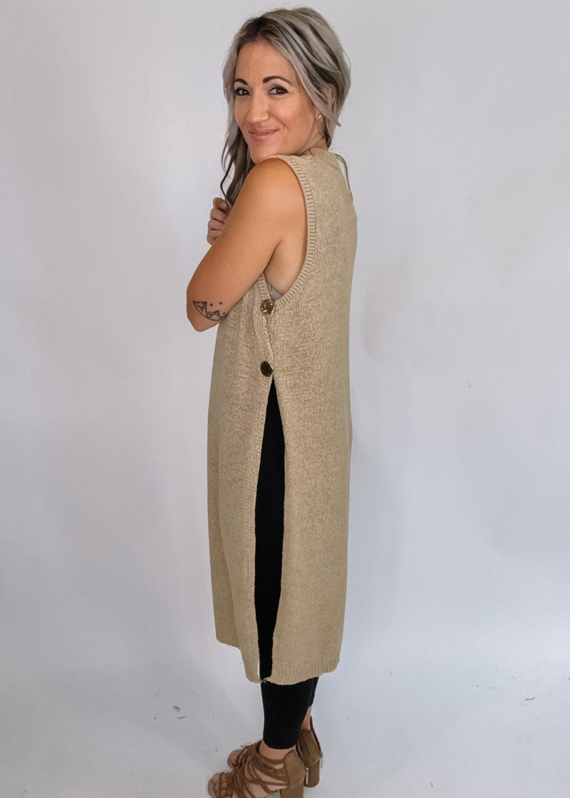 Side Button Sleeveless Open Longline Sweater