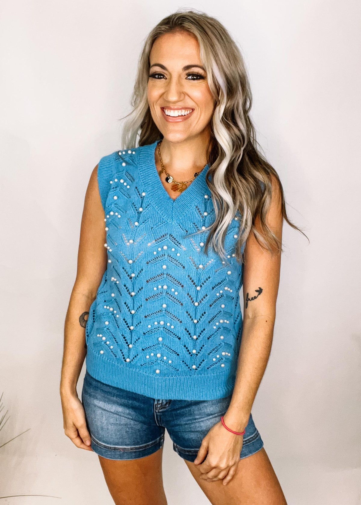 Blue Pearl Embellished Knit Top