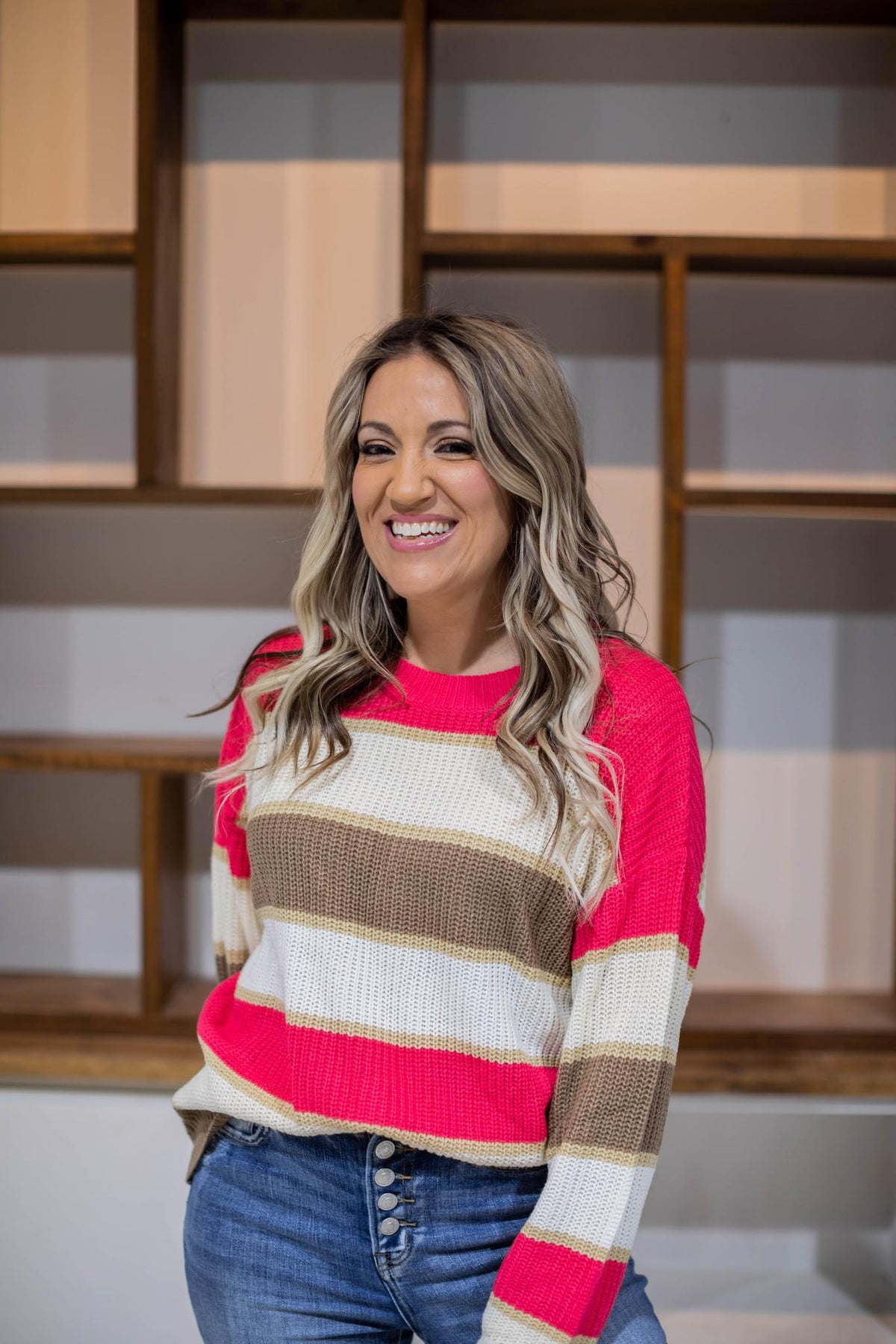 Hot Pink and Taupe Stripe Classic Knit