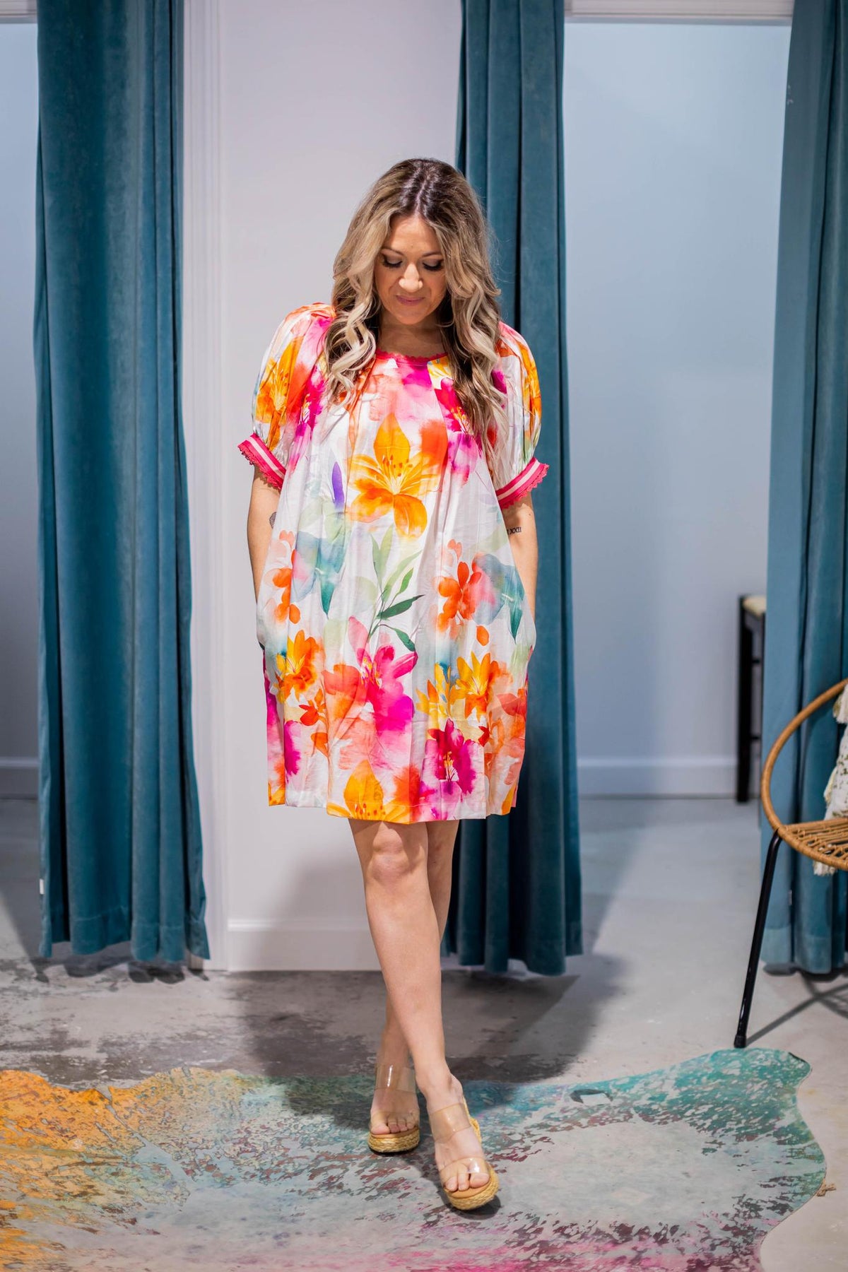 Pink Printed Puff Sleeve Dress