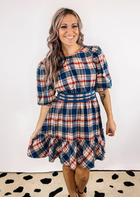 Navy Plaid Puff Sleeve Dress with Velvet Trim