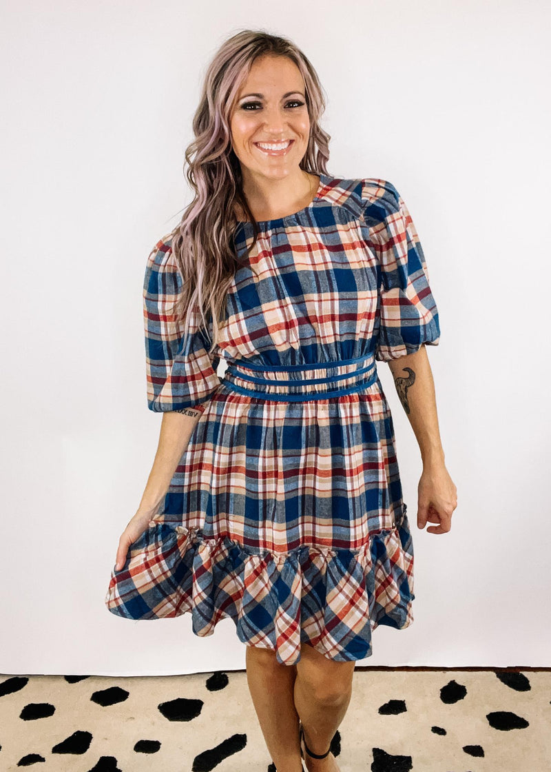 Navy Plaid Puff Sleeve Dress with Velvet Trim Navy Plaid Puff Sleeve Dress with Velvet Trim