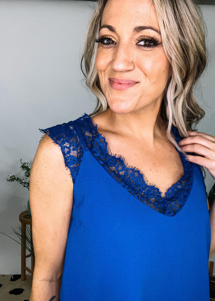 Cobalt Tank with Lace Neckline and Strap Detail