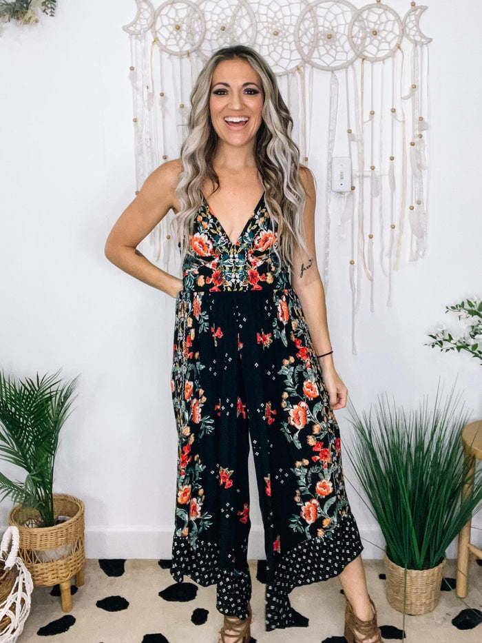 Black and Red Floral Wide Leg Jumpsuit