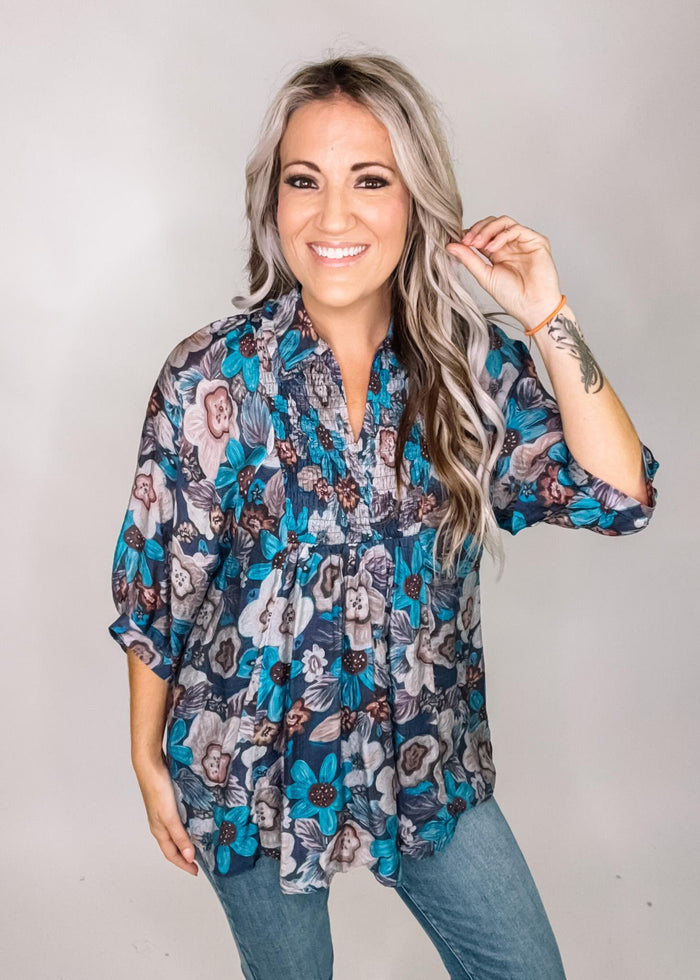Indigo Floral Babydoll Top