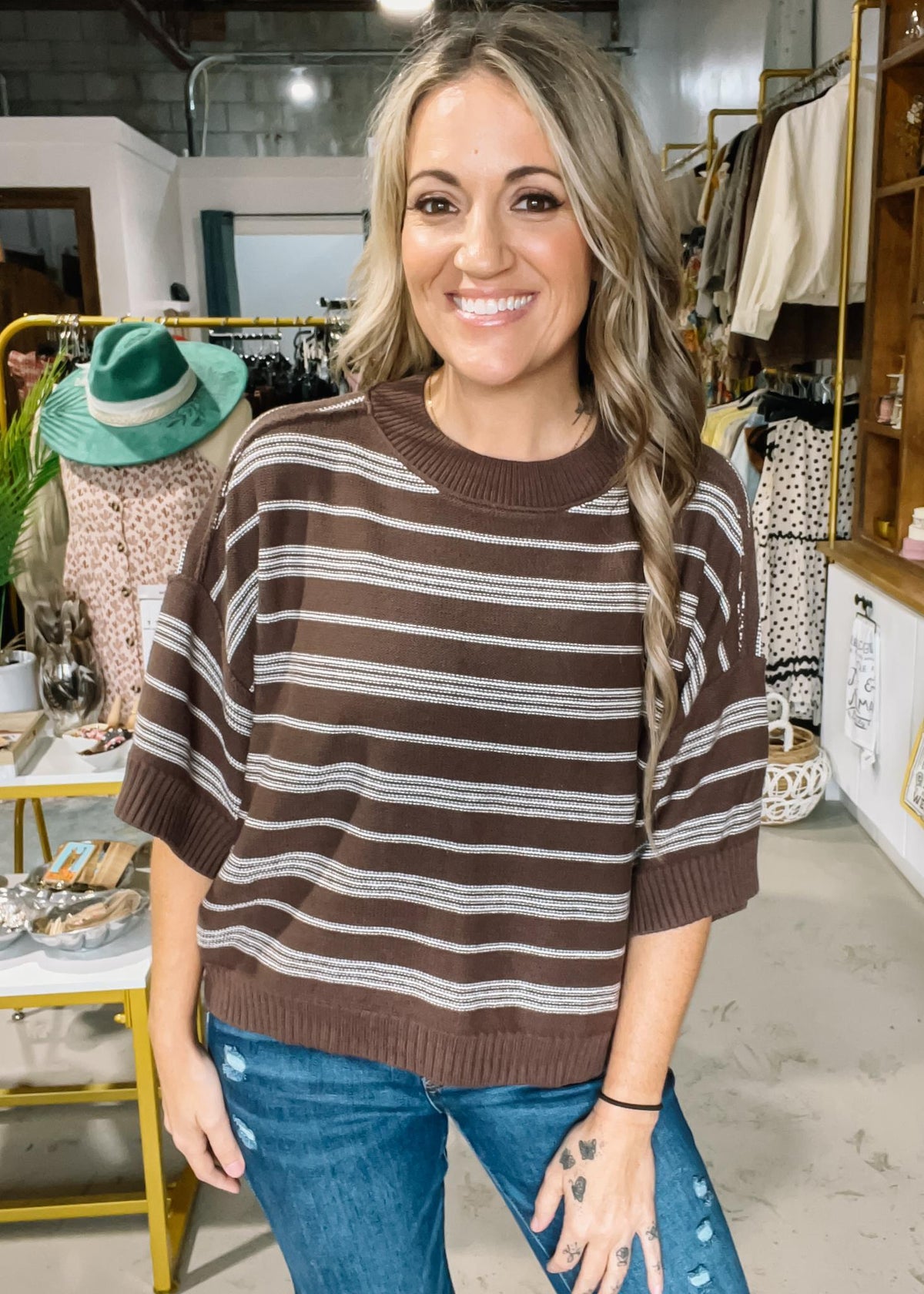 Brown Round Neck Stripe Sweater