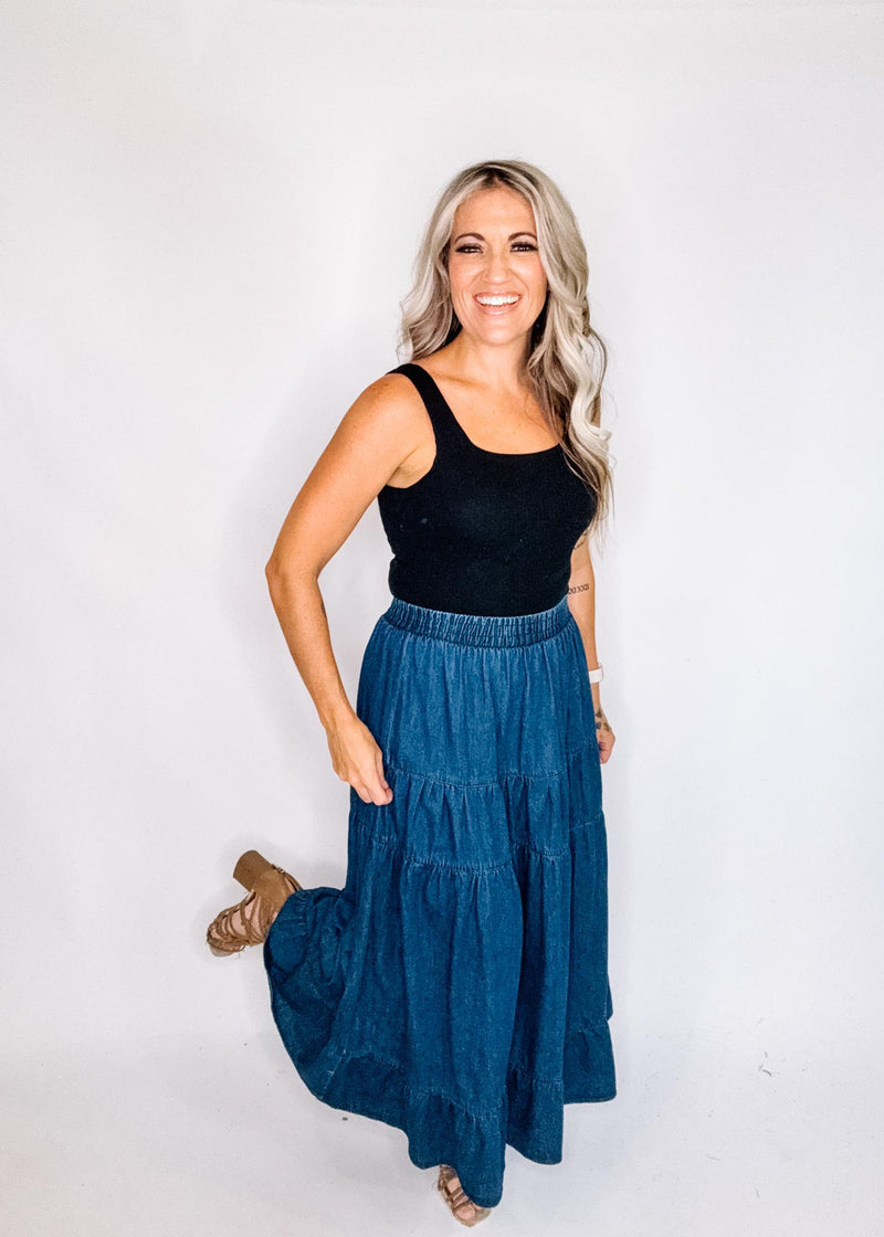 Elastic High Waist Tiered Denim Midi Skirt
