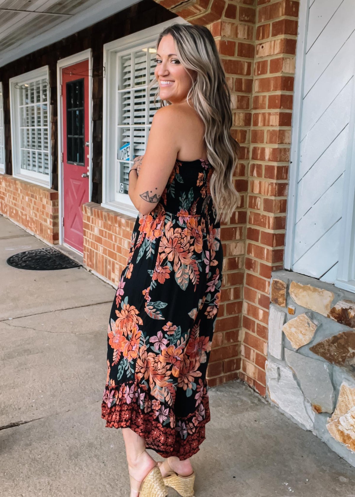 Black Smocked Bodice Floral Jumpsuit