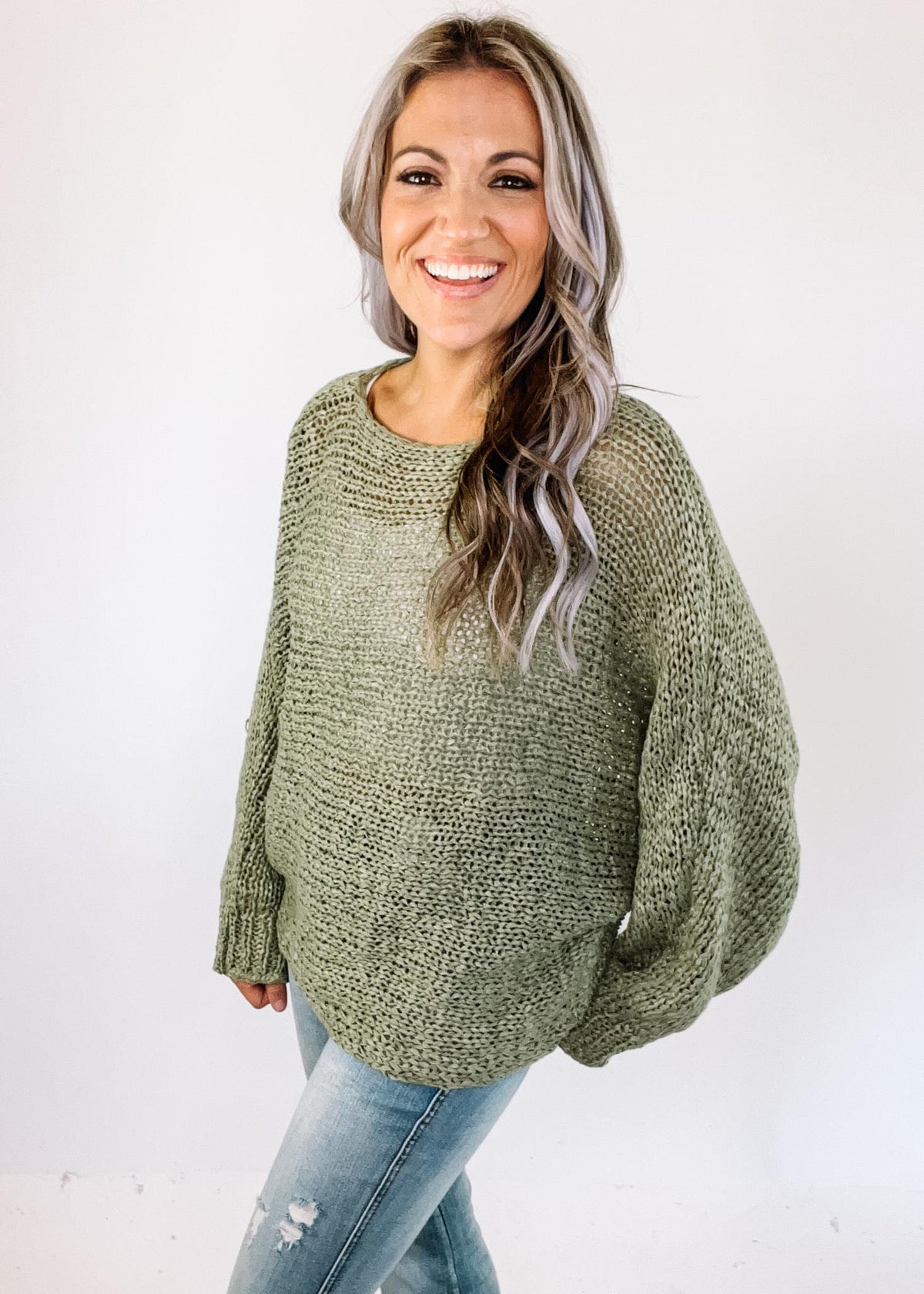 Sage Dolman Style Chunky Knit Sweater