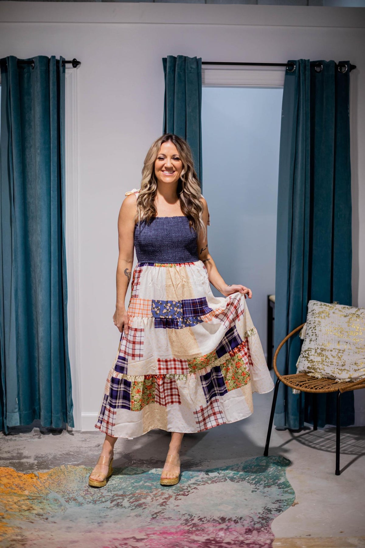 Smocked Denim Patchwork Maxi Dress