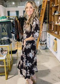 Surplice Kimono Sleeve Floral Midi Dress