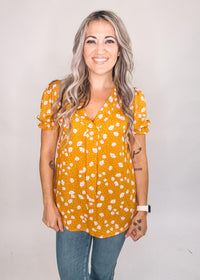 Mustard Floral Blouse with Front Pleat