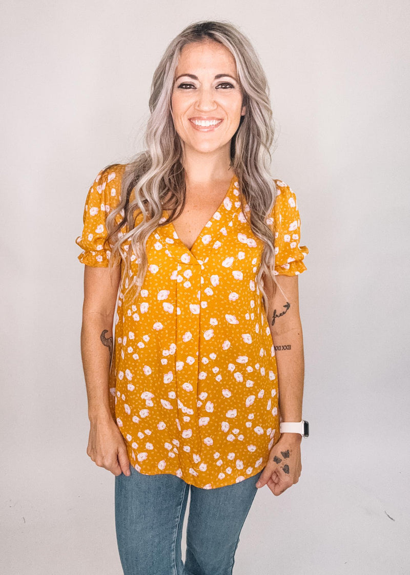 Mustard Floral Blouse with Front Pleat
