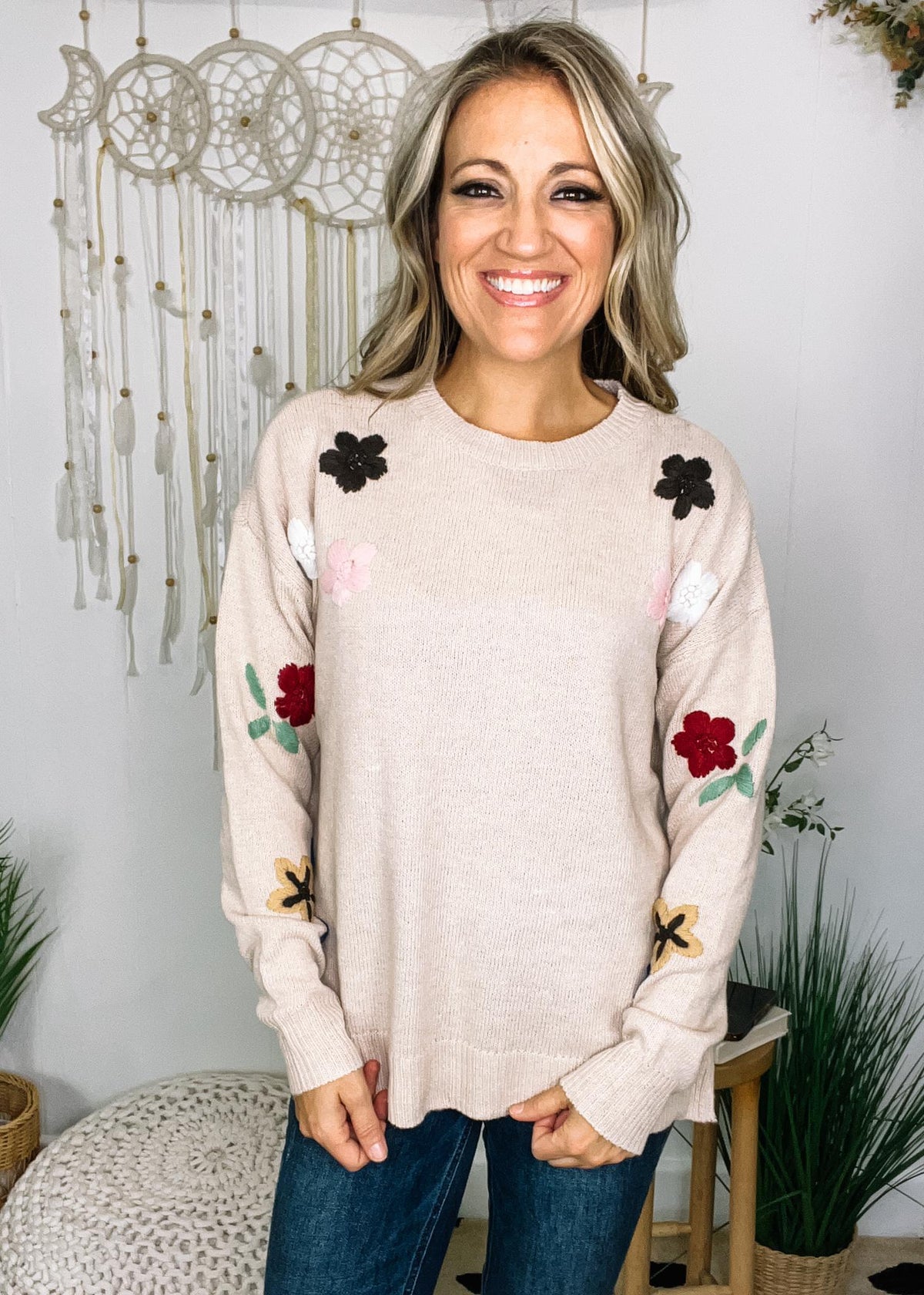Taupe Floral Embroidered Sweater