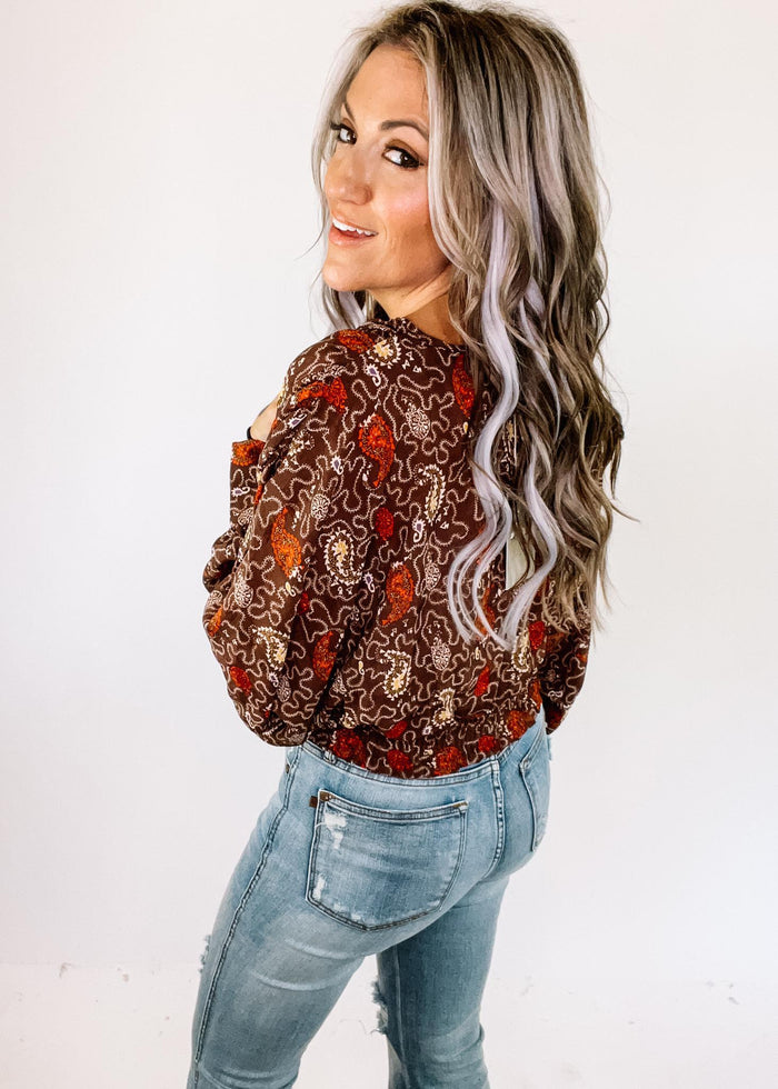 Brown Printed Faux Wrap Crop Blouse