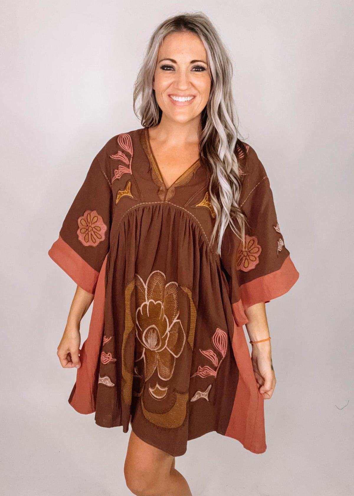 Brown Embroidered Kimono Dress