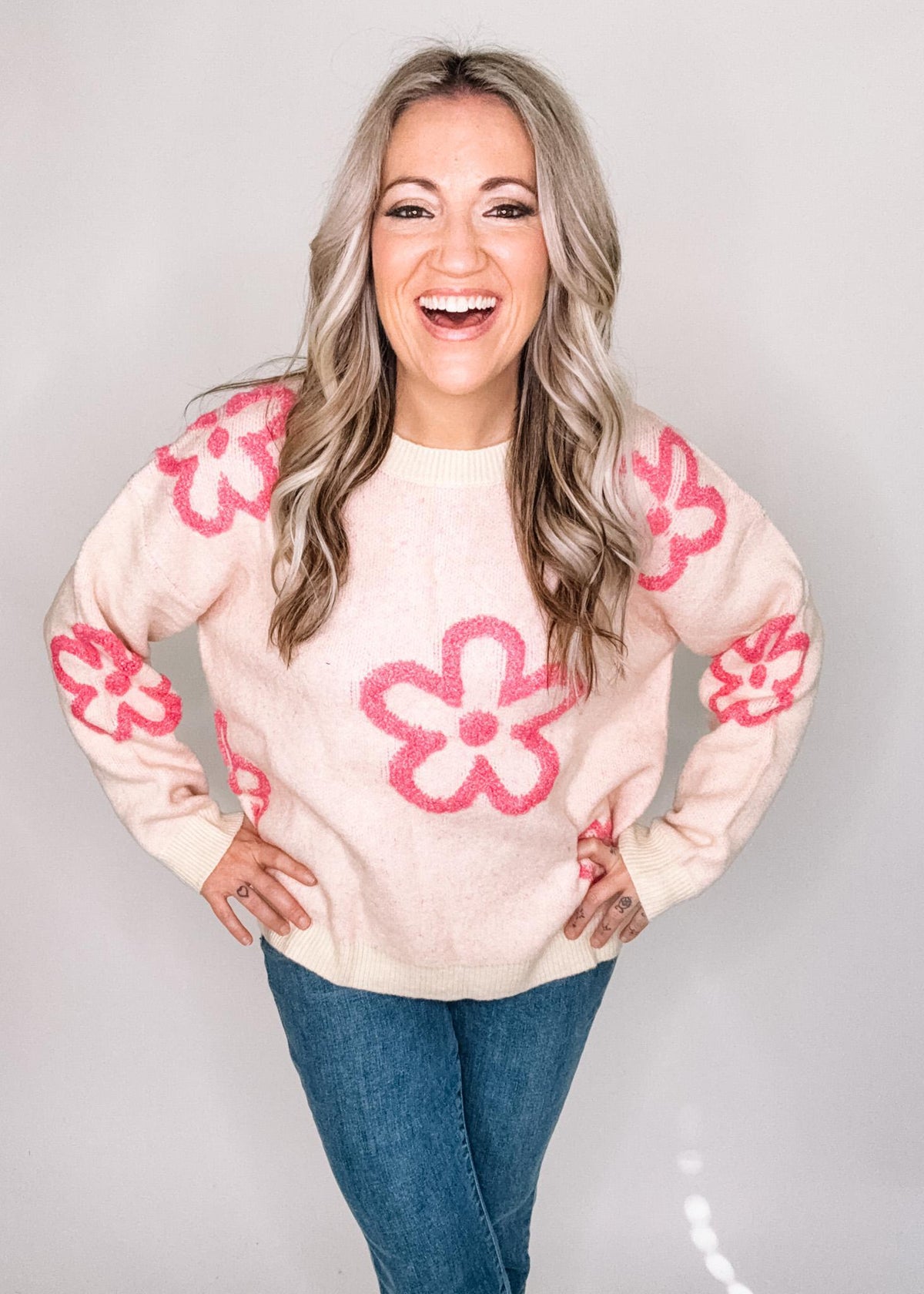 BLACK FRIDAY- Cream Pink Floral Sweater