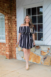 Off Shoulder Embroidered Stripe Mini Dress