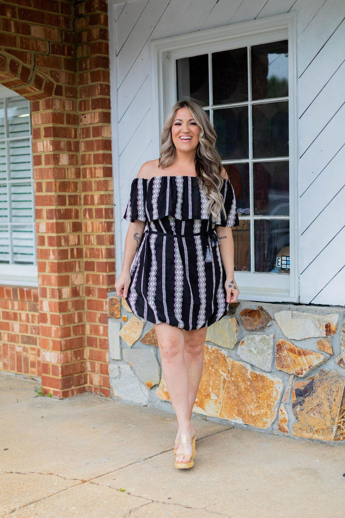Off Shoulder Embroidered Stripe Mini Dress