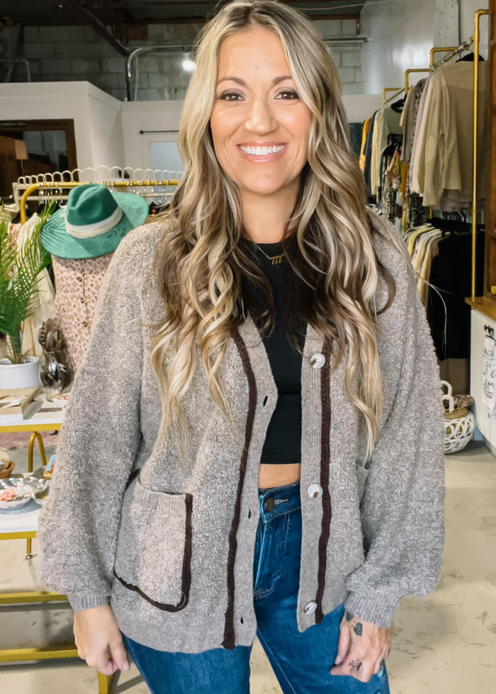 Mocha Contrast Trim Boucle Knit Cardigan