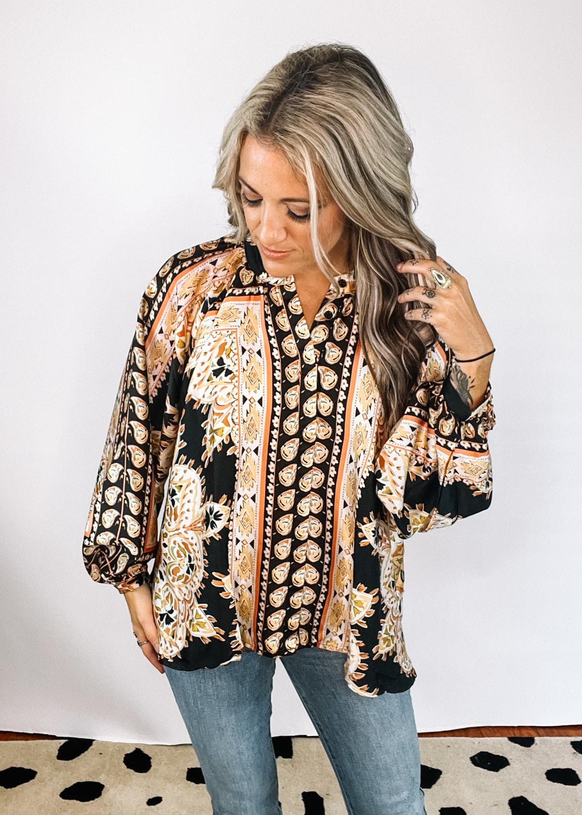 Printed Covered Button Blouse