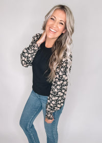 Black Ribbed Top with Floral Smocked Cuff Sleeves