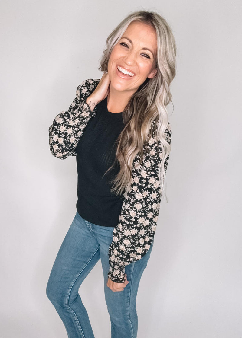 Black Ribbed Top with Floral Smocked Cuff Sleeves