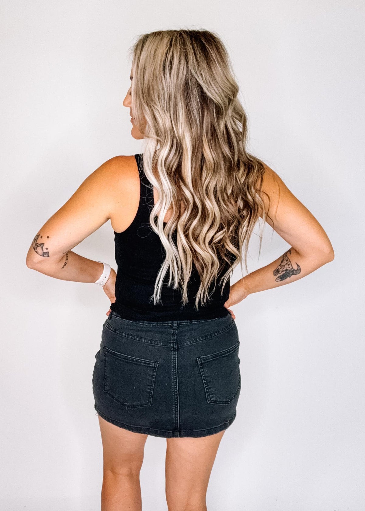 Black Denim Mini Skirt with Stud Detail