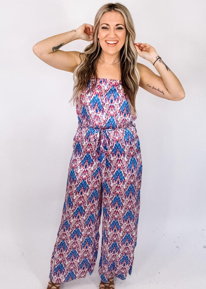 Magenta and Blue Woven Print Strapless Jumpsuit