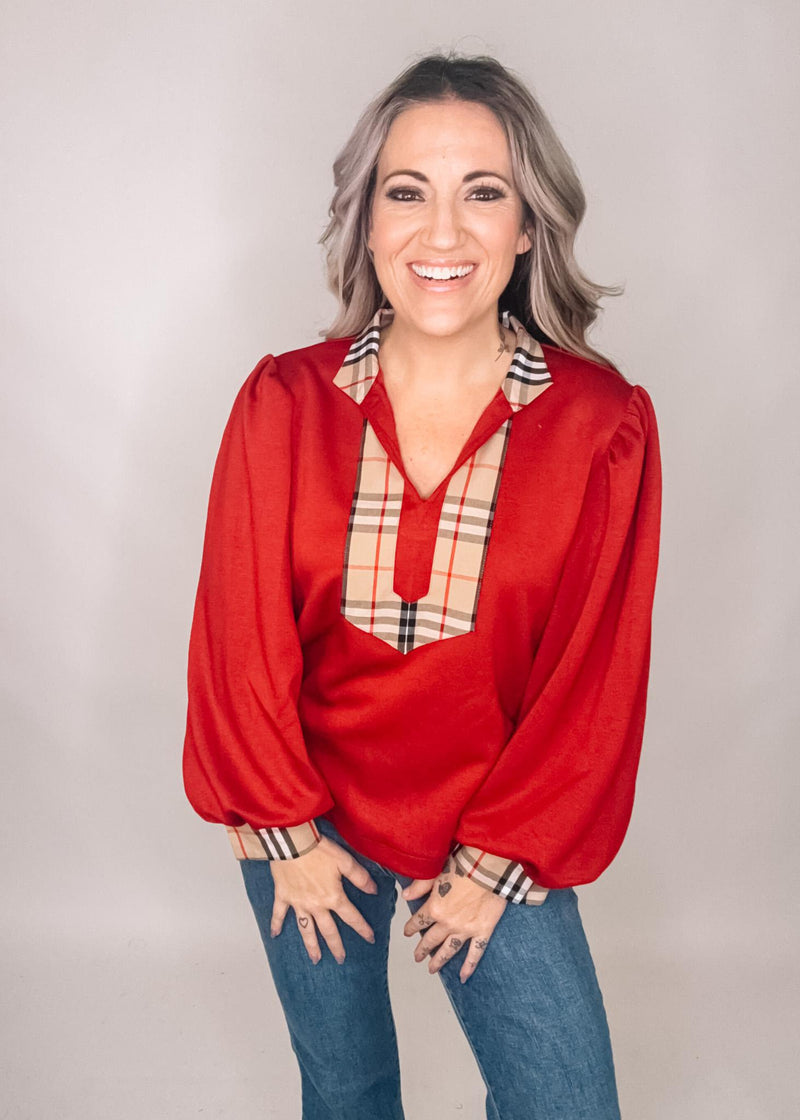 Mock Neck Solid Top with Plaid Contrast