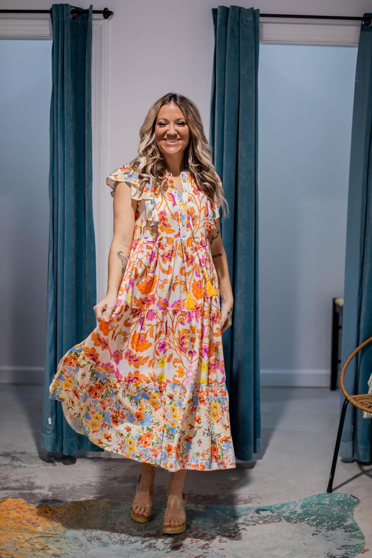 Orange and Pink Printed Midi Dress