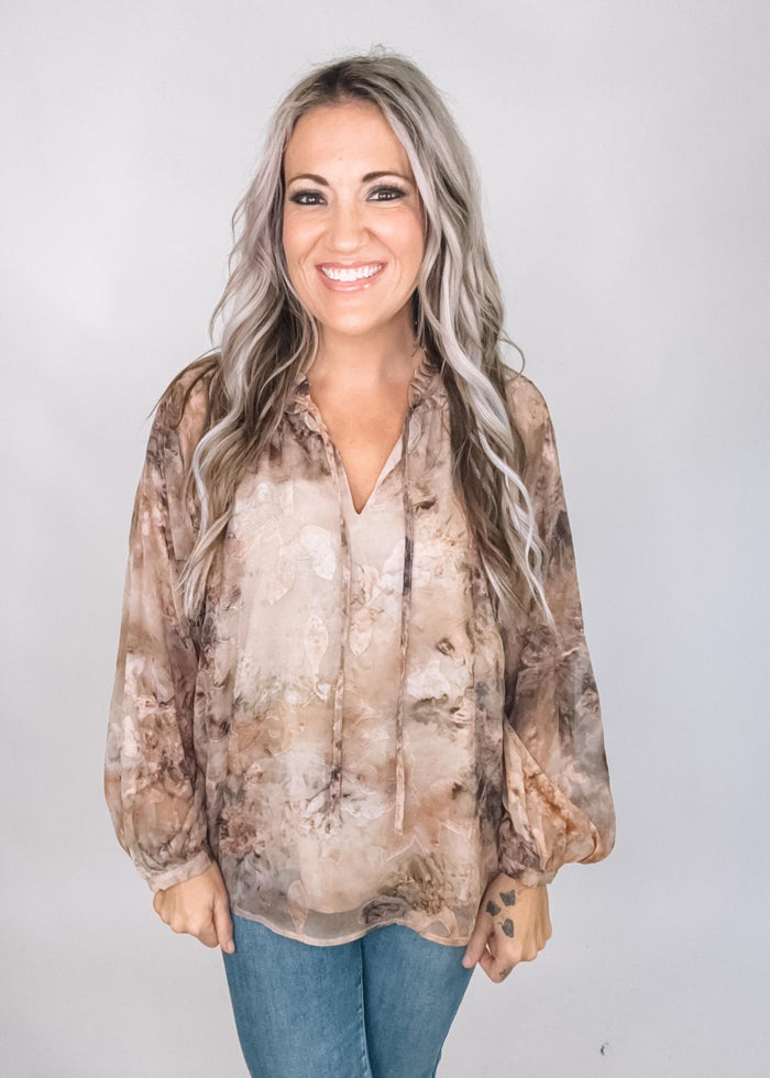 Printed Chiffon Peasant Sleeve Blouse