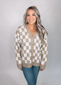 Taupe and Ivory Checkered Cardigan