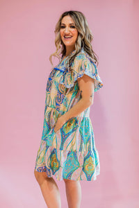 Blue Printed Bib Dress