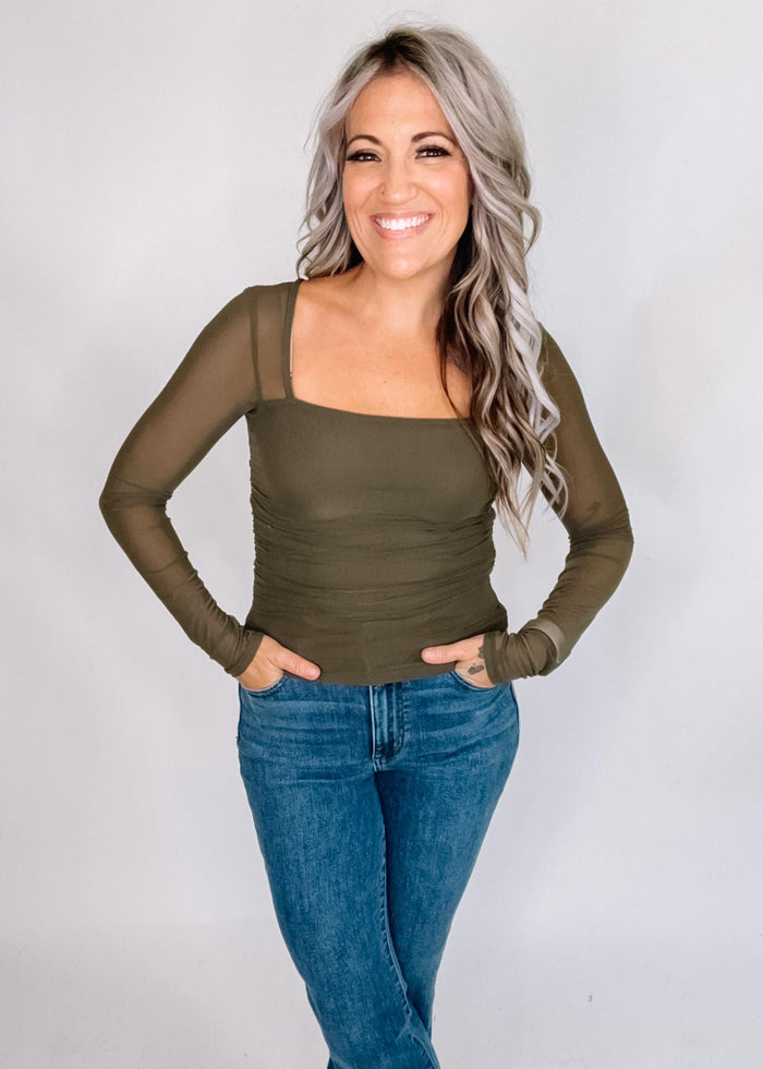 Olive Square Neck Top with Ruched Waist