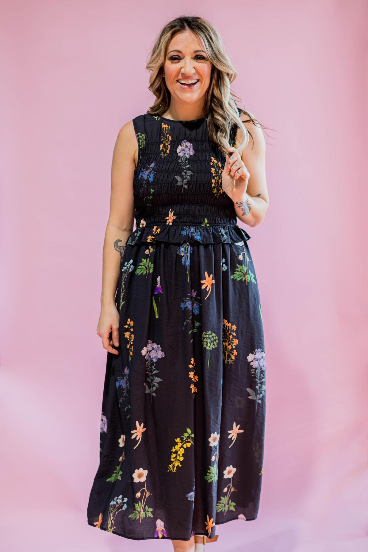 Black Smocked Top Floral Maxi