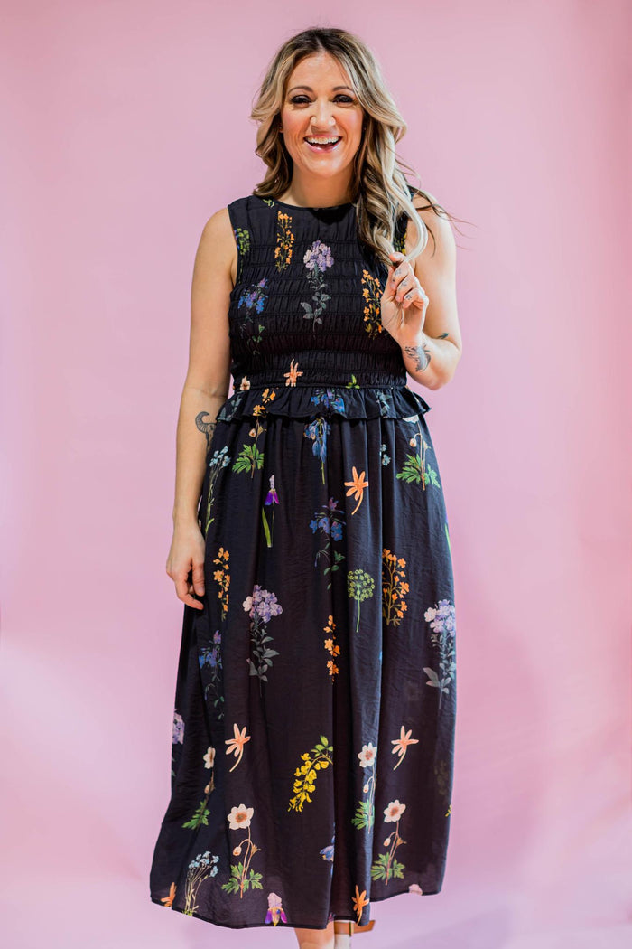 Black Smocked Top Floral Maxi