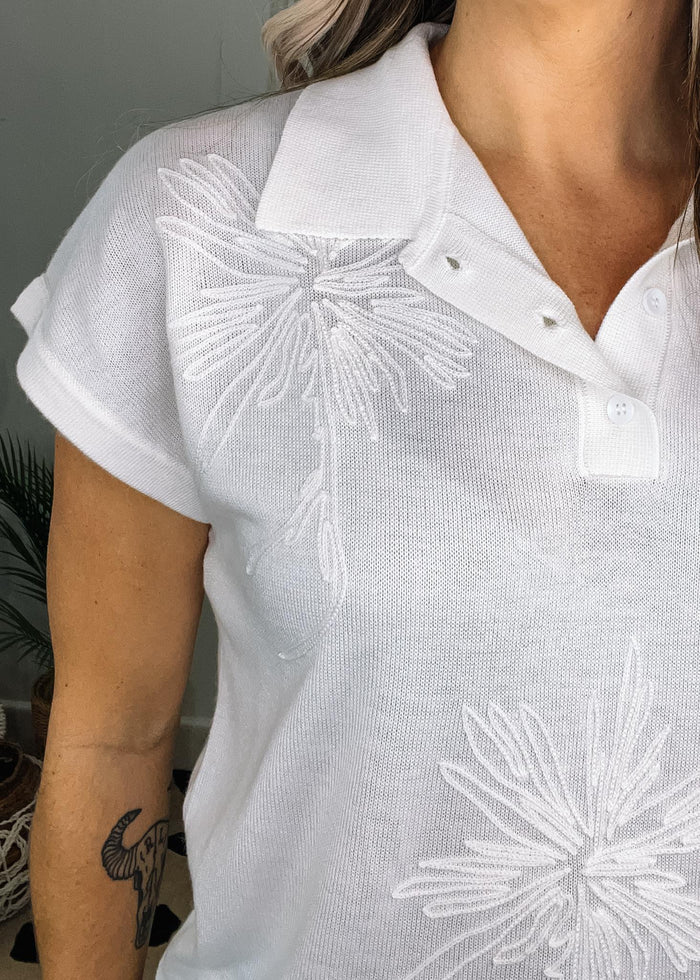 White Collar Top with Embroidered Floral