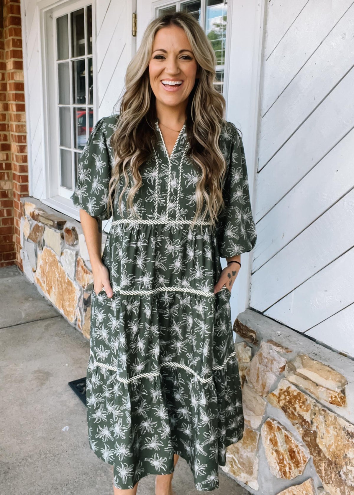 Olive Midi Dress with Contrast Binding