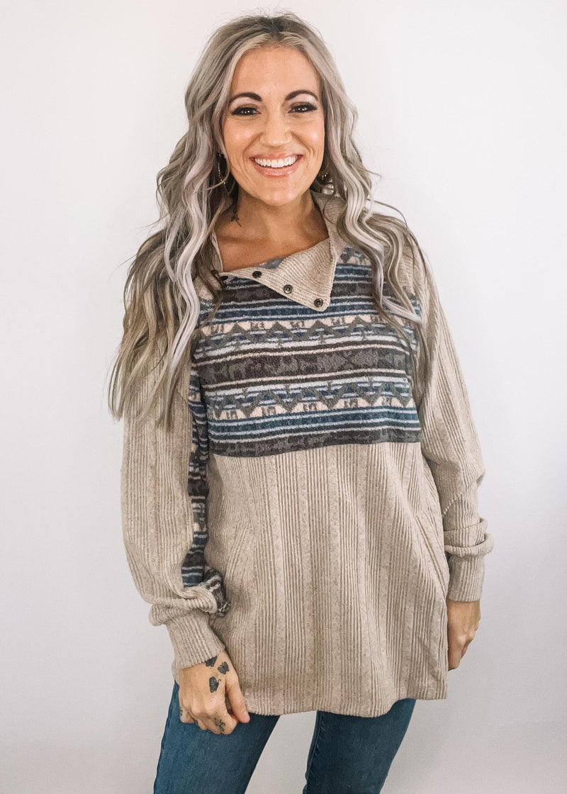 Grey Blue Sherpa Contrast Ragland Top