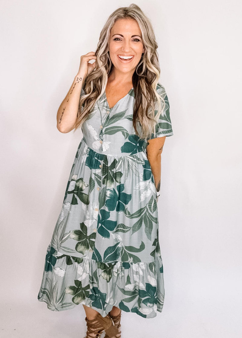 Sage Multi Floral Print Midi Dress