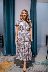 Grey Trim and Printed Maxi Dress