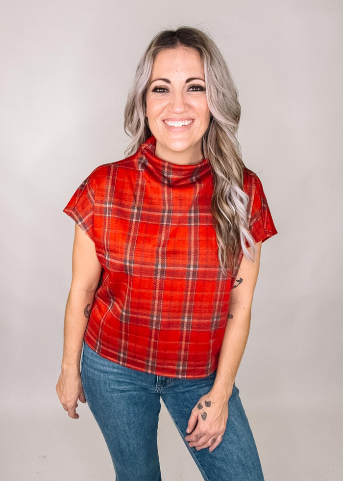 Red Plaid Mock Neck Top
